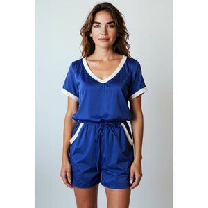 Amanda Uprichard Womens Dress Sz L Blue White 100% Silk Drawstring V-neck Mini